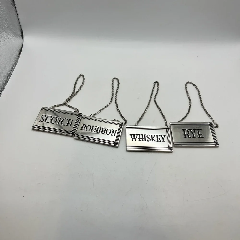 Godinger Silver Art Co Decanter Tags Labels Set of 4 Whiskey Bourbon Rye Scotch